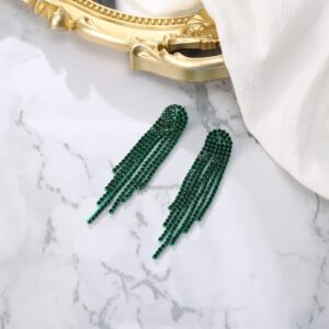 BriLove Rhinestone Earrings Dangling for Women Bridesmaid Wedding Fashion Long Chandelier Dangling Sparkle Crystal Tassel Dangle Drop Earring Emerald Color Green-Tone