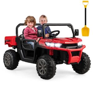 Costzon Ride On Dump Truck with Remote Control, 12V Electric Kids UTV w/Electric Dump Bed, Rocking Function, Shovel, 4 Spring Suspensions, Wireless Design, 2-Seater Ride on Car Gift for Kids (Red)