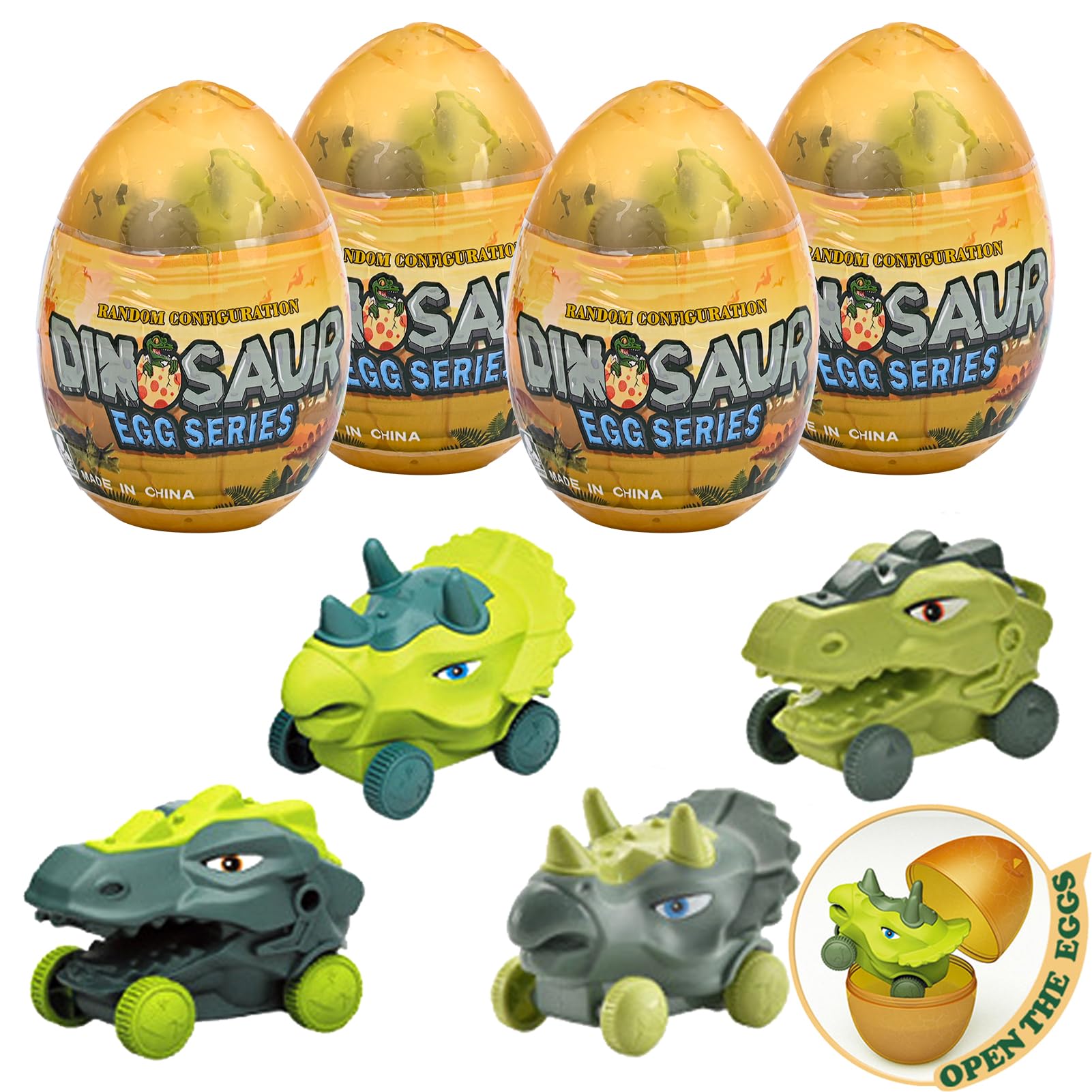 Kijamilee 4PCS Jumbo Easter Eggs with Dinosaur Pull Back Cars, Easter Eggs with Toys Inside, Large Plastic Filled Easter Eggs for Kids Easter Egg Hunt, Easter Basket Stuffers for Toddler Boys Girls