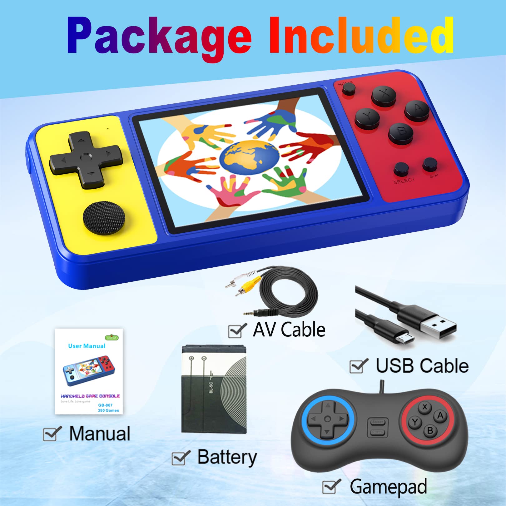 Great Boy Handheld Game Console for Kids Preloaded 270 Classic Retro Games with 3.0'' Color Display and Gamepad Rechargeable Arcade Gaming Player (Blue Yellow Red)