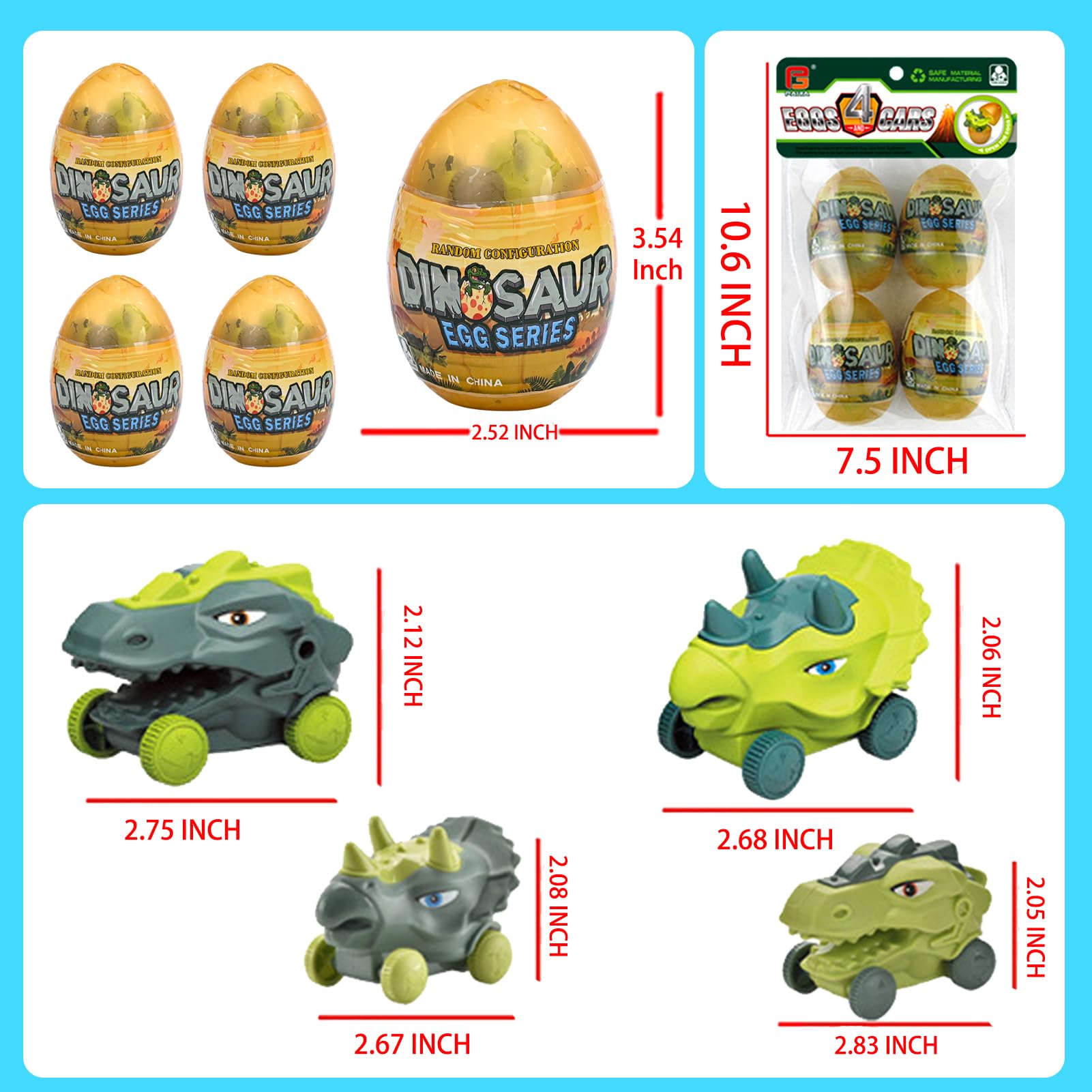 Kijamilee 4PCS Jumbo Easter Eggs with Dinosaur Pull Back Cars, Easter Eggs with Toys Inside, Large Plastic Filled Easter Eggs for Kids Easter Egg Hunt, Easter Basket Stuffers for Toddler Boys Girls