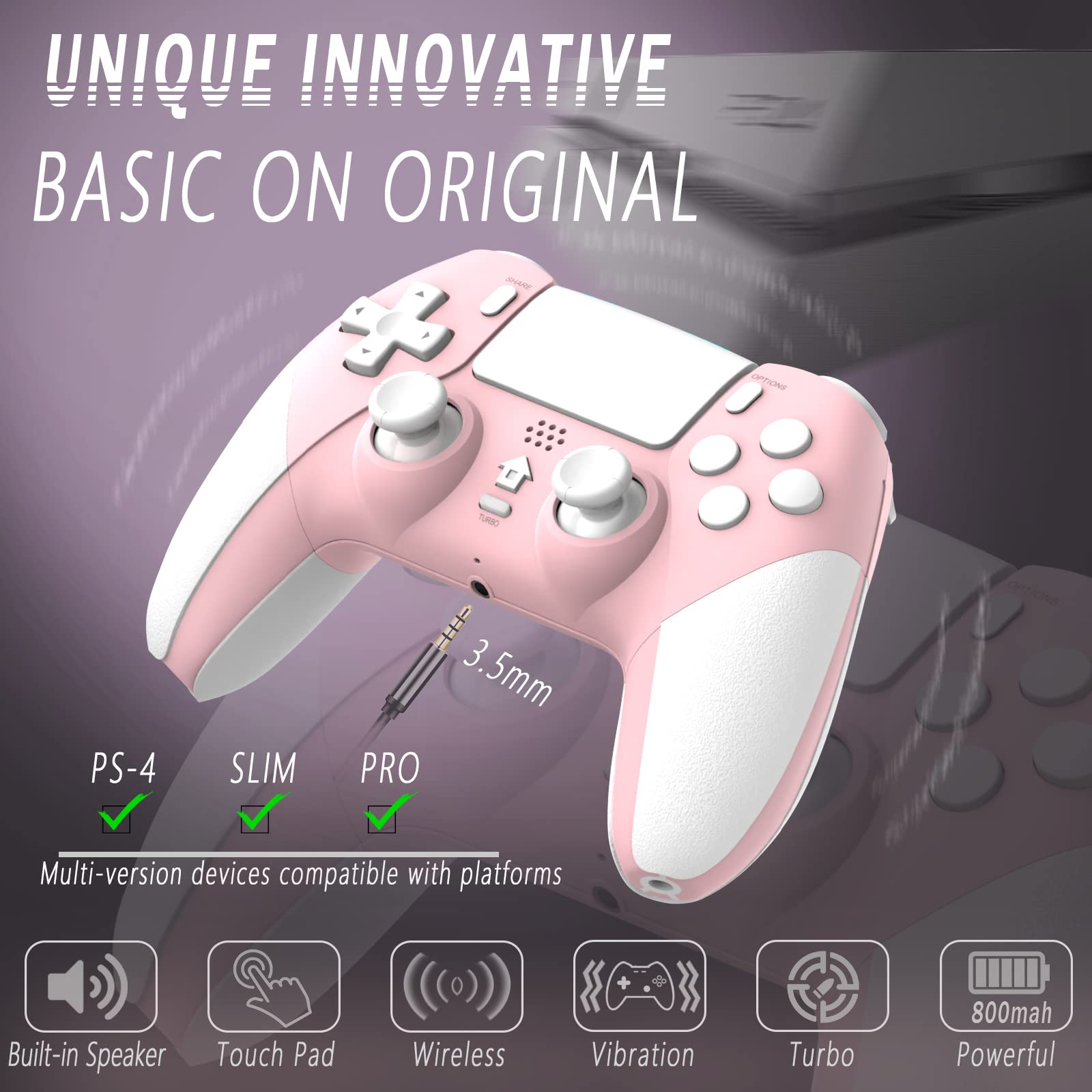 TERIOS Wireless Controller for PS4/Pro/Slim, Control for PS4 Built-in Speakers-6 Axis Motion Sensor-Programming-Auto Turbo Function (Pink White)