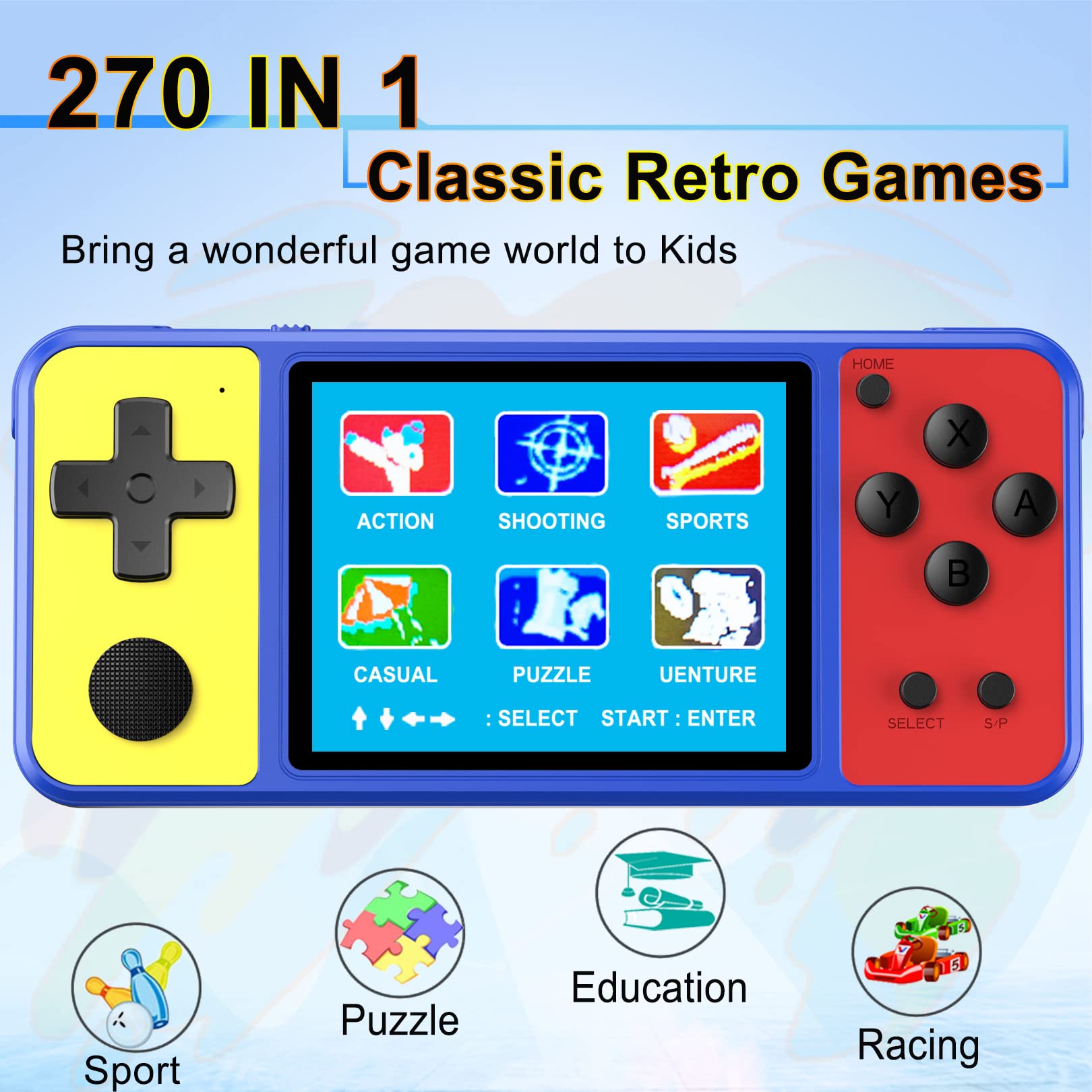 Great Boy Handheld Game Console for Kids Preloaded 270 Classic Retro Games with 3.0'' Color Display and Gamepad Rechargeable Arcade Gaming Player (Blue Yellow Red)