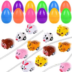 kijamilee 12pcs easter eggs filled with pull back car toys, easter basket stuffer for toddler boy girl, plastic easter eggs filler easter gift for kids, goodie bag fillers, easter egg hunt party favor