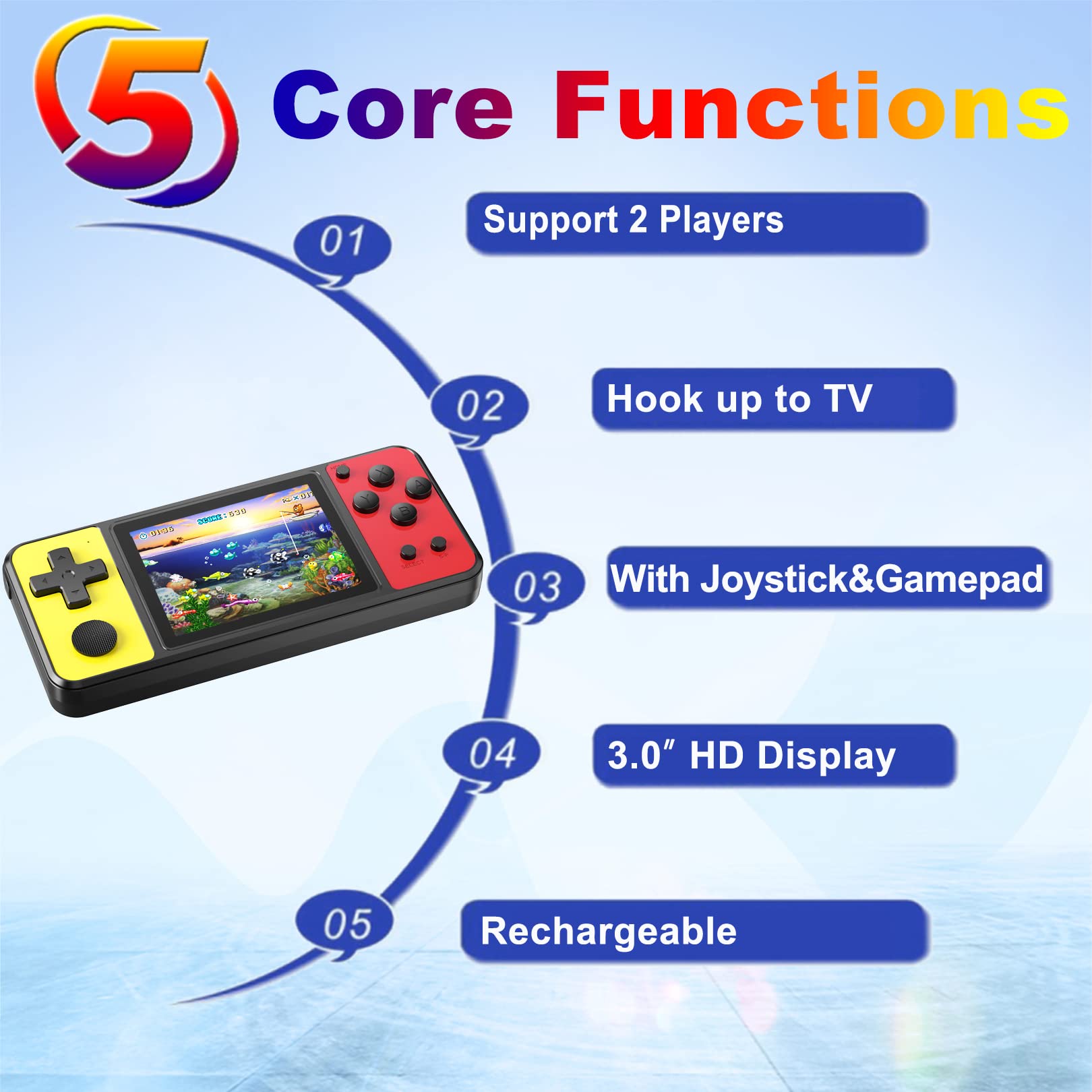 Great Boy Handheld Game Console for Kids Aldults Preloaded 270 Classic Retro Games with 3.0'' Color Display and Gamepad Rechargeable Arcade Gaming Player (Black Yellow)