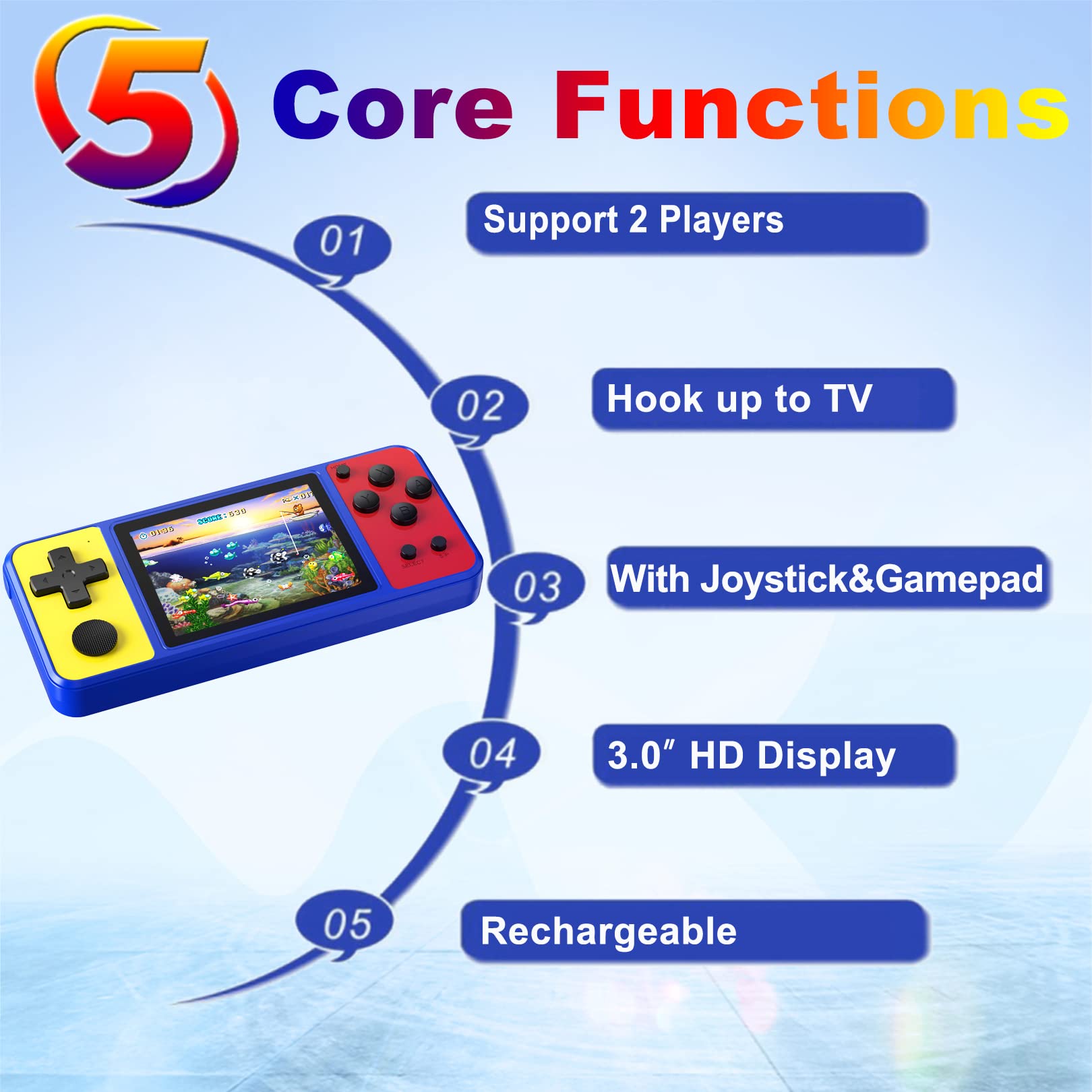 Great Boy Handheld Game Console for Kids Preloaded 270 Classic Retro Games with 3.0'' Color Display and Gamepad Rechargeable Arcade Gaming Player (Blue Yellow Red)