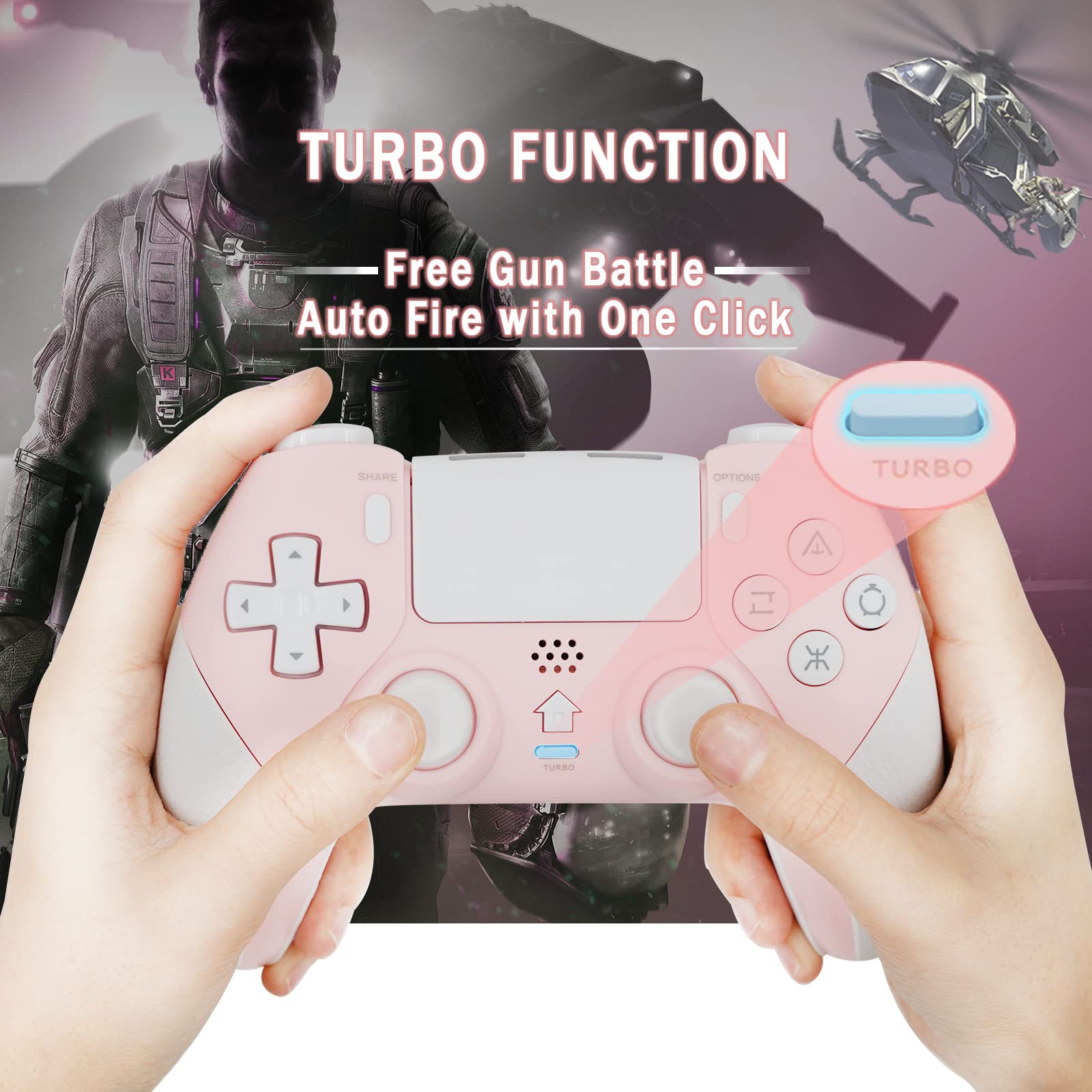 TERIOS Wireless Controller for PS4/Pro/Slim, Control for PS4 Built-in Speakers-6 Axis Motion Sensor-Programming-Auto Turbo Function (Pink White)