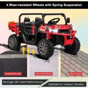 Costzon Ride On Dump Truck with Remote Control, 12V Electric Kids UTV w/Electric Dump Bed, Rocking Function, Shovel, 4 Spring Suspensions, Wireless Design, 2-Seater Ride on Car Gift for Kids (Red)