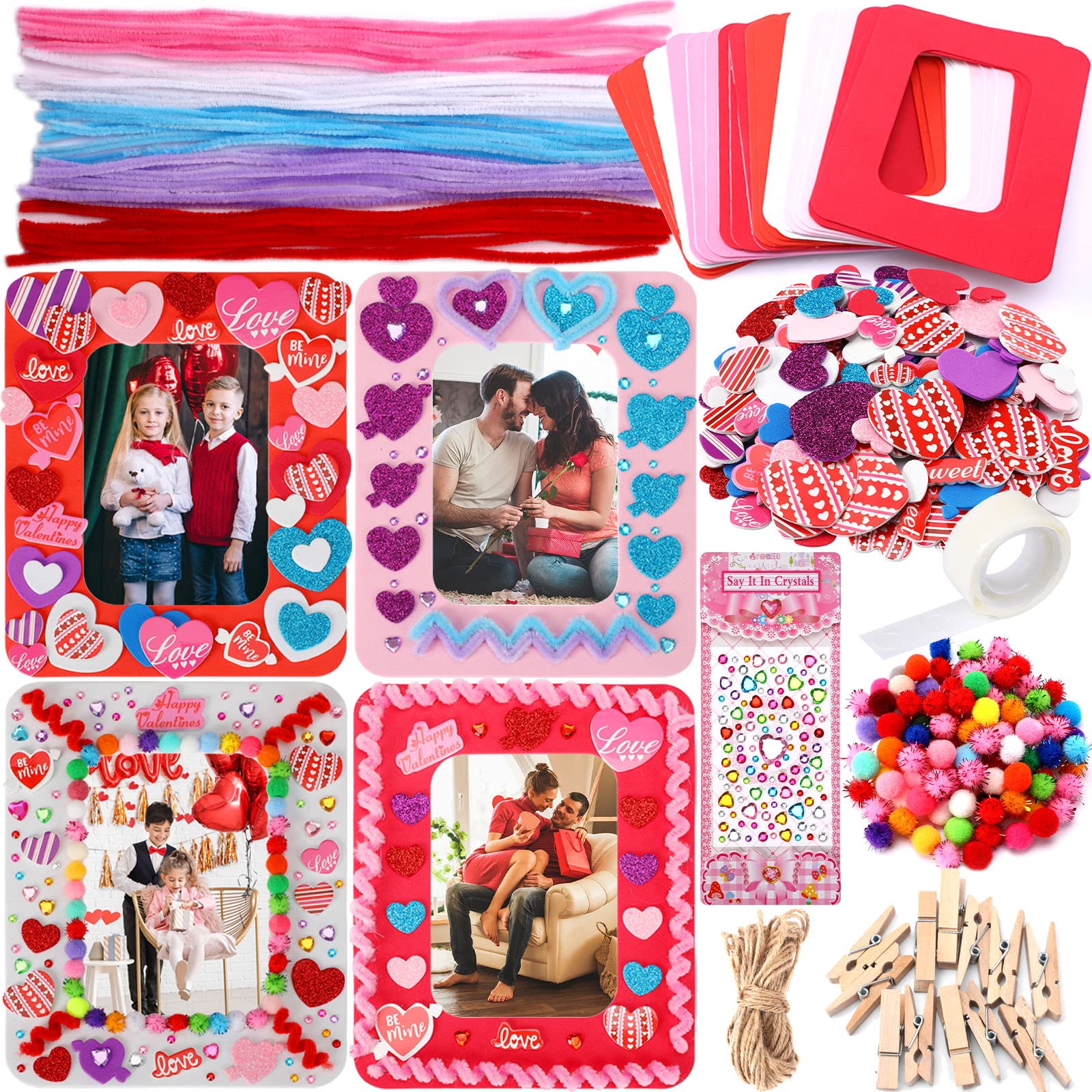 SANNIX 12 Sets Valentine's Day Photo Foam Frame Craft Kits for Kids Hearts Foam Self-Adhesive Stickers Picture Frame Decorations Art Sets Valentine's Mother's Day Classroom Activities Gift Exchange