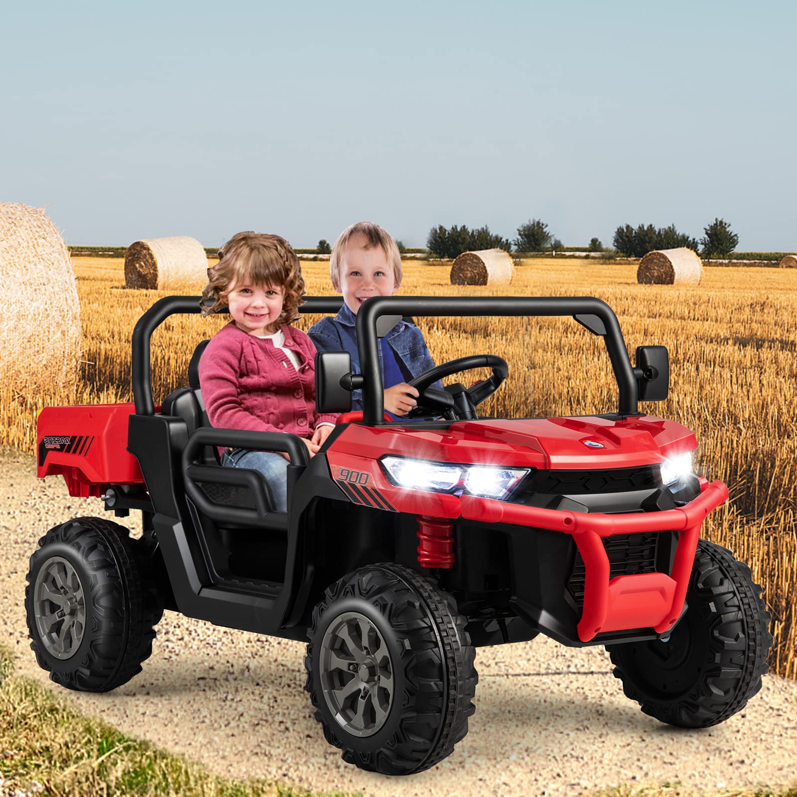 Costzon Ride On Dump Truck with Remote Control, 12V Electric Kids UTV w/Electric Dump Bed, Rocking Function, Shovel, 4 Spring Suspensions, Wireless Design, 2-Seater Ride on Car Gift for Kids (Red)