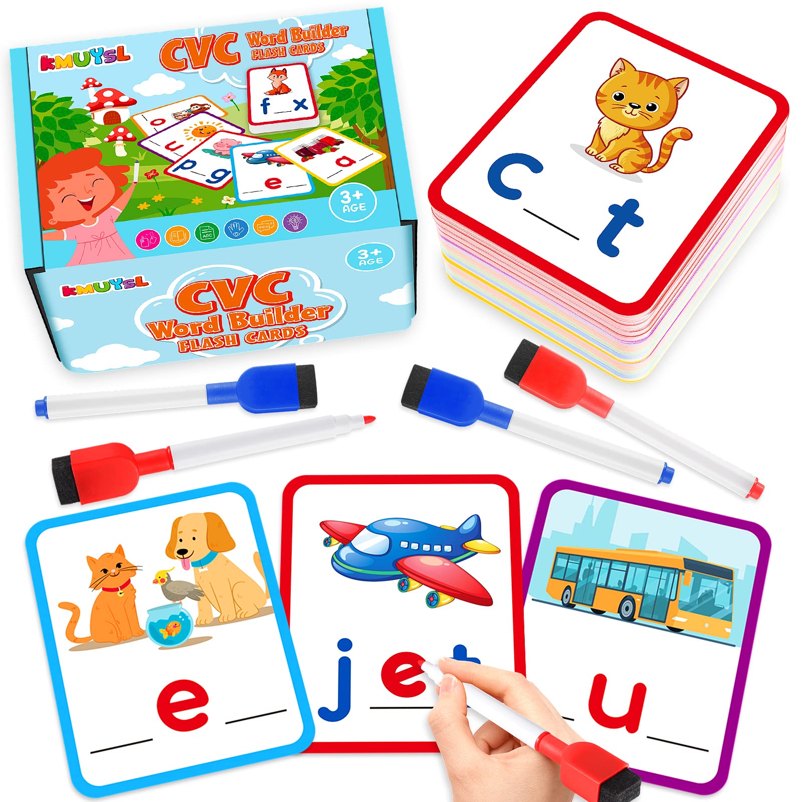 KMUYSL Short Vowel Spelling Flashcards, CVC Sight Words Handwriting Cards, Learn to Write Phonics Flash Cards, Fine Motor Montessori Educational Toy Gift for Kids 3 4 5 Years Old, 104 Pieces