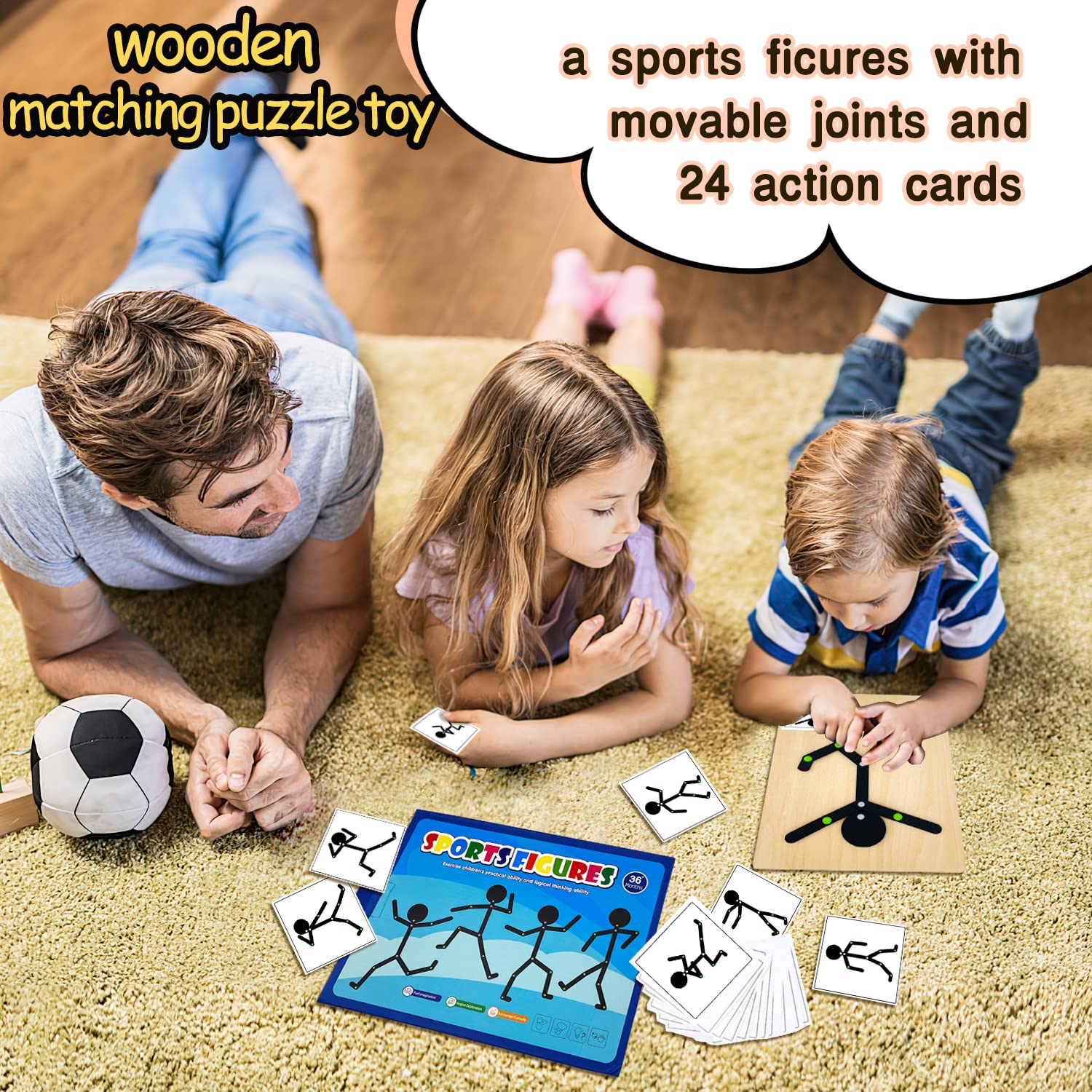 ZRCCOX Montessori Human Body Matching Puzzle Toy for Toddlers 1-3, Wooden Sports Figures Toys with Movable Joints and 24 Body Actions Cards, Toddlers Education Toys, Wood Craft Kits for Kids