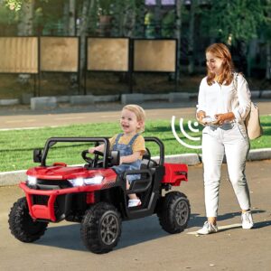 Costzon Ride On Dump Truck with Remote Control, 12V Electric Kids UTV w/Electric Dump Bed, Rocking Function, Shovel, 4 Spring Suspensions, Wireless Design, 2-Seater Ride on Car Gift for Kids (Red)