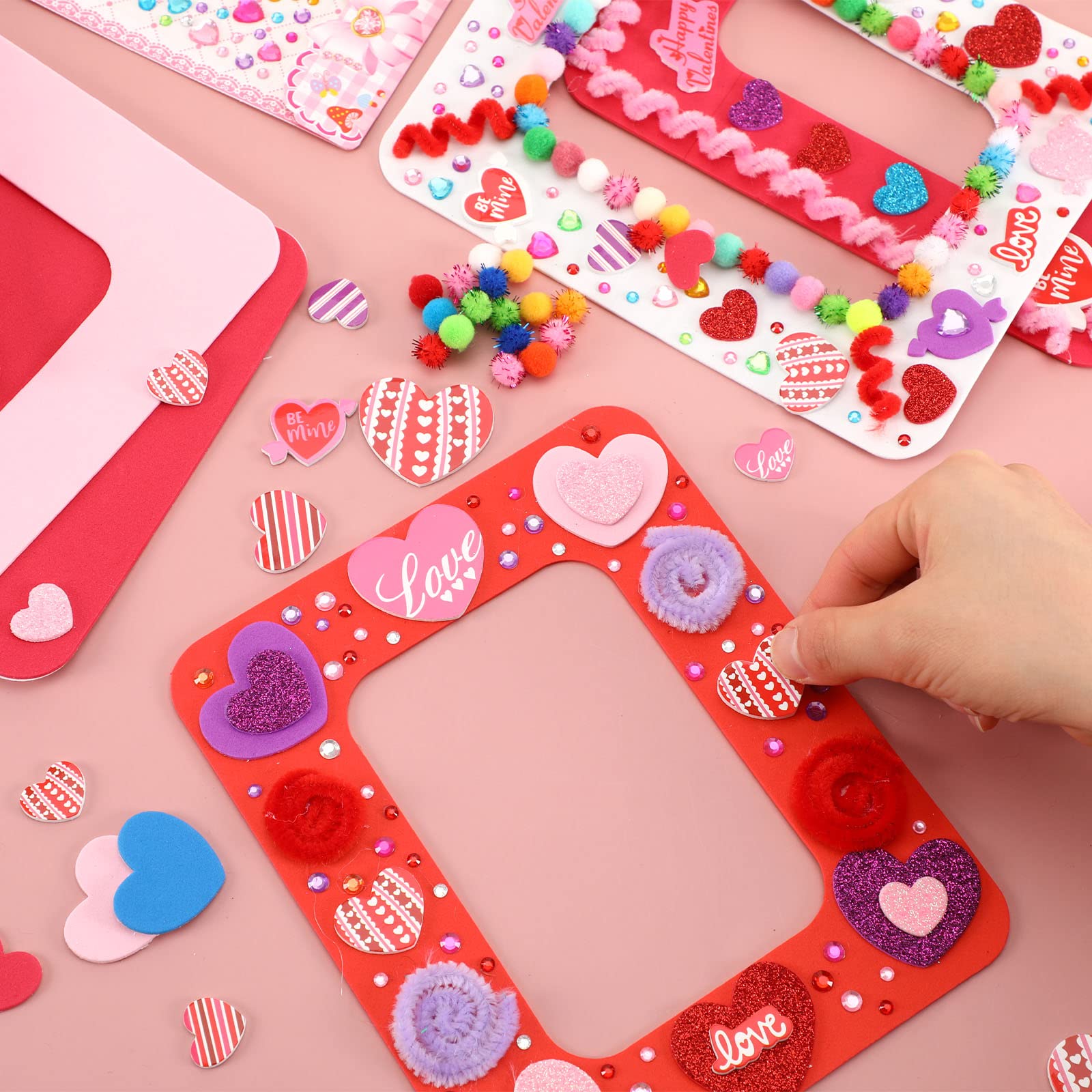 SANNIX 12 Sets Valentine's Day Photo Foam Frame Craft Kits for Kids Hearts Foam Self-Adhesive Stickers Picture Frame Decorations Art Sets Valentine's Mother's Day Classroom Activities Gift Exchange