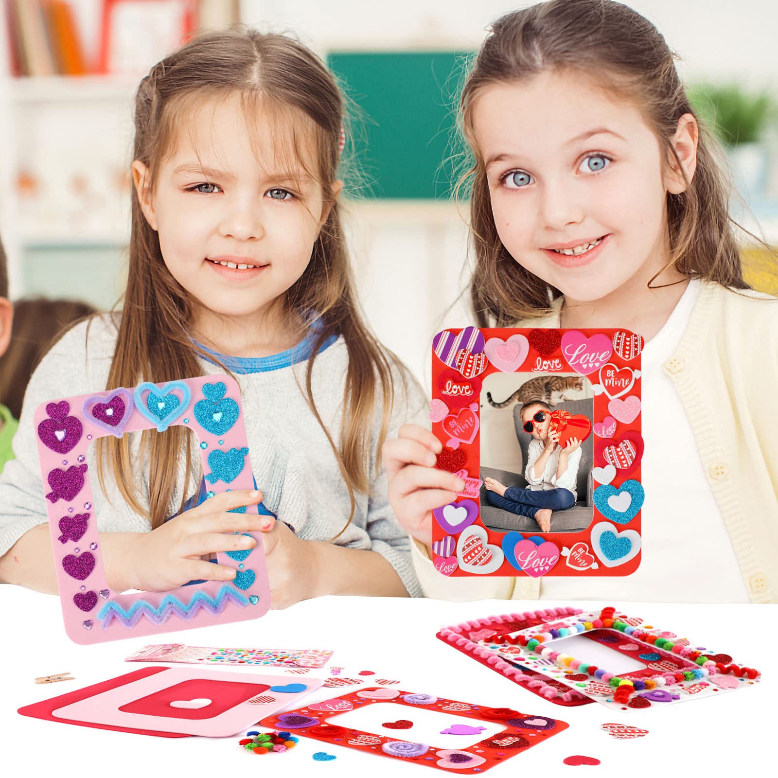 SANNIX 12 Sets Valentine's Day Photo Foam Frame Craft Kits for Kids Hearts Foam Self-Adhesive Stickers Picture Frame Decorations Art Sets Valentine's Mother's Day Classroom Activities Gift Exchange