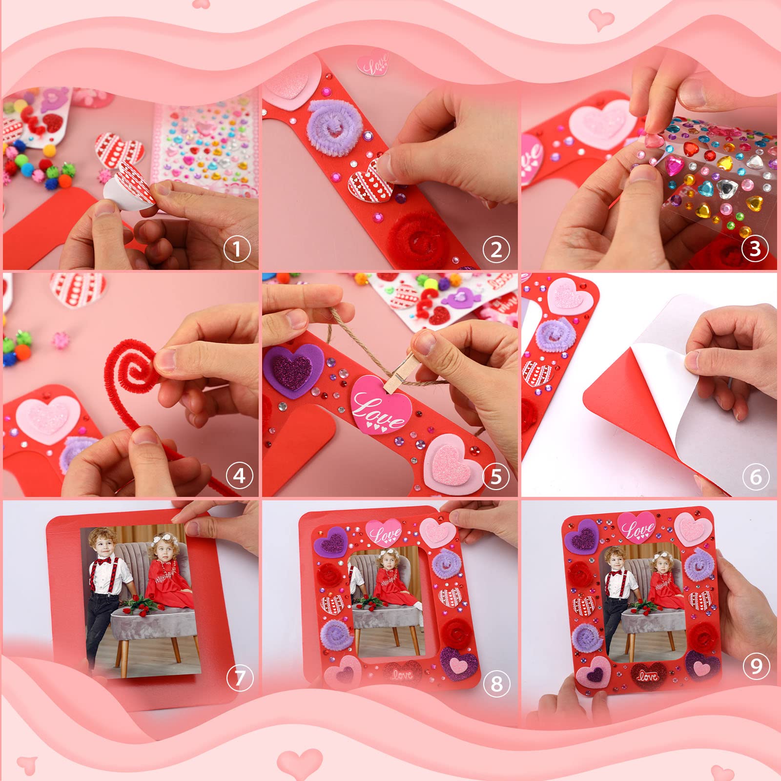 SANNIX 12 Sets Valentine's Day Photo Foam Frame Craft Kits for Kids Hearts Foam Self-Adhesive Stickers Picture Frame Decorations Art Sets Valentine's Mother's Day Classroom Activities Gift Exchange