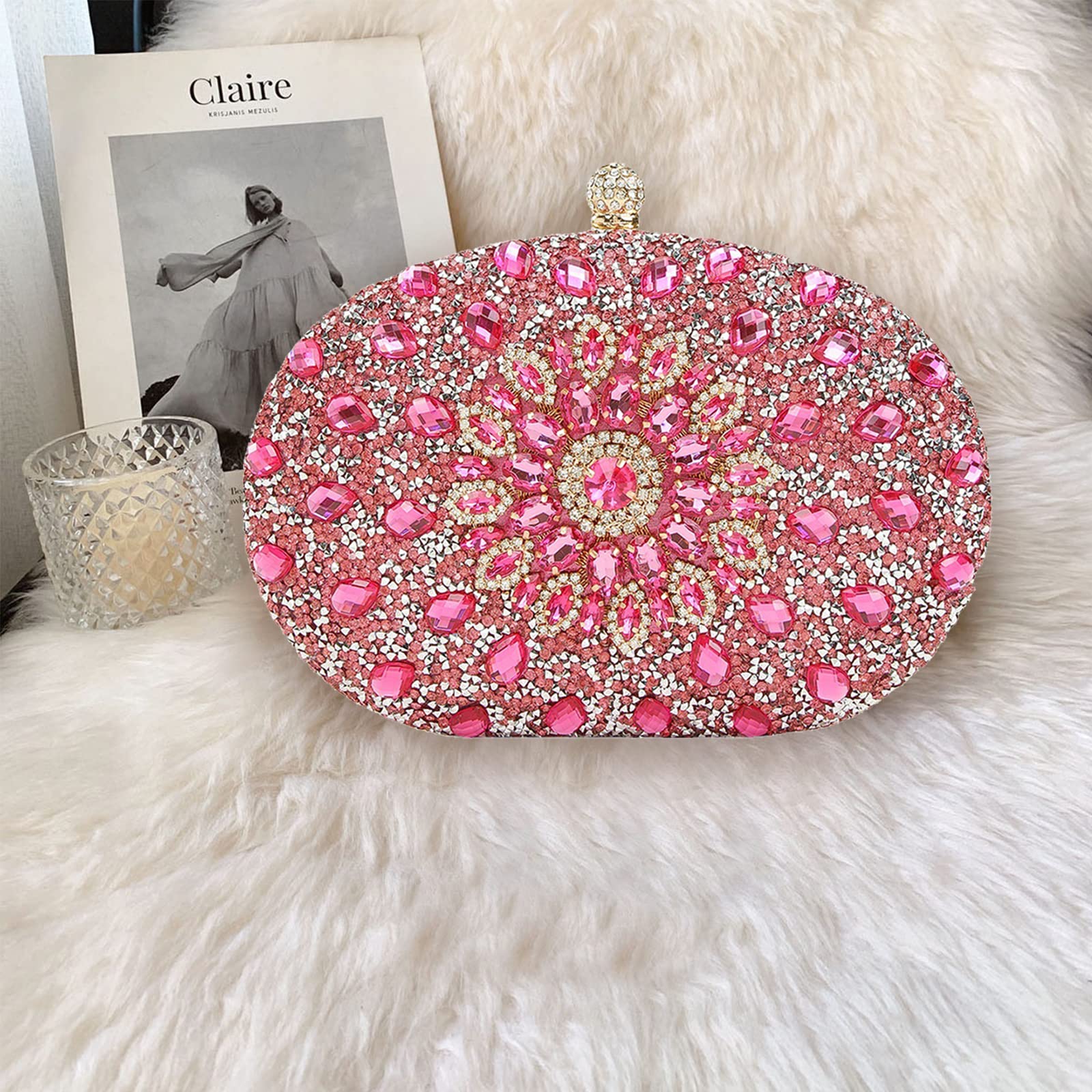 CORIOS Rhinestone Evening Bag for Women Sparkly Sequin Purse Bridal Wedding Handbag Glitter Shoulder Bag Crystal Clutch Bag Elegant Crossbody Bag for Wedding Banquet Cocktail Prom Party Rose