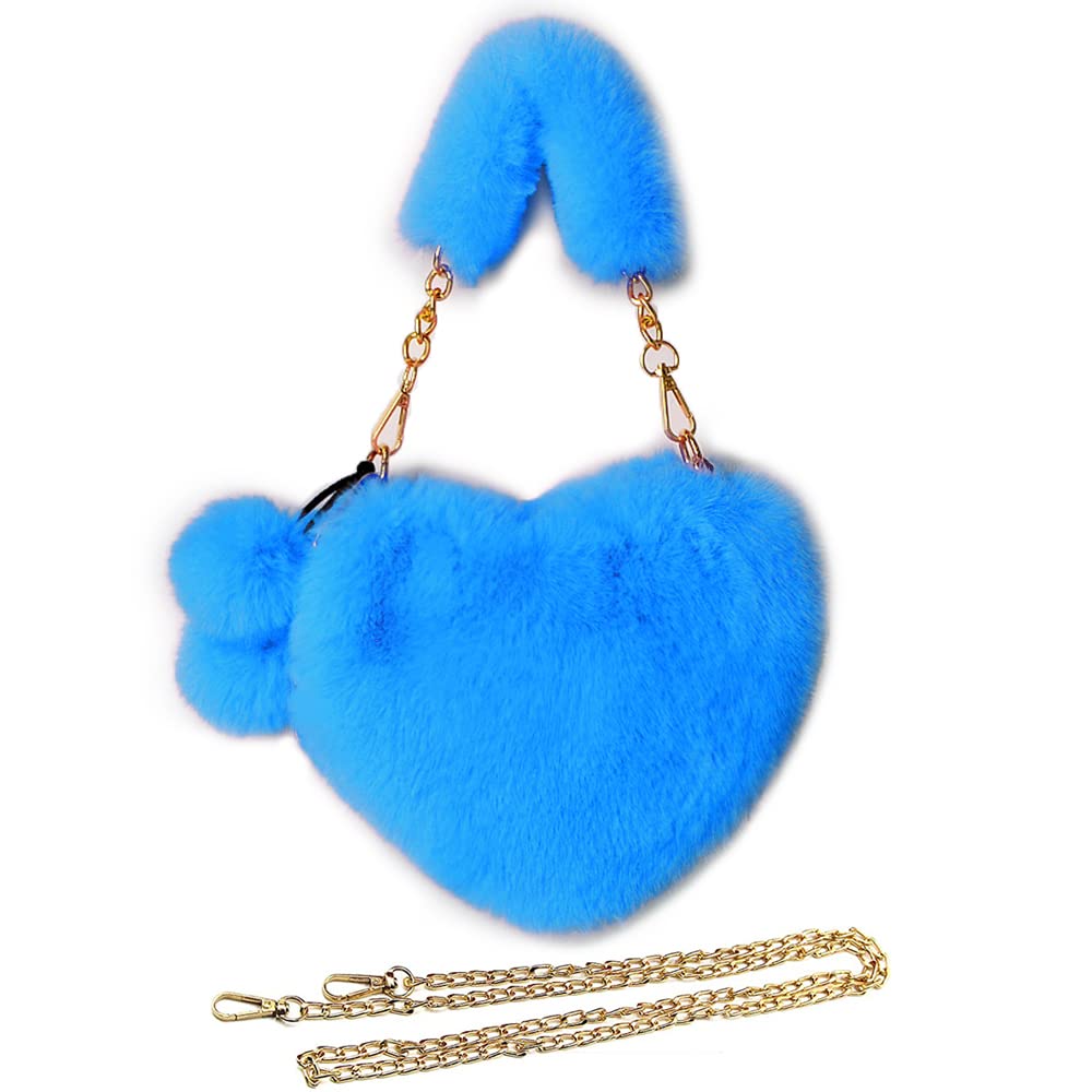 Rejolly Furry Purse for Girls Heart Shaped Fluffy Faux Fur Handbag for Women Soft Small Shoulder Bag Clutch Purse (Blue)