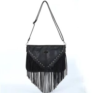 WIGUYUN Tassels Hippie Cross-body Purse Rivets Fringed Shoulder Handbag Casual Hobo Bags for Women,Black