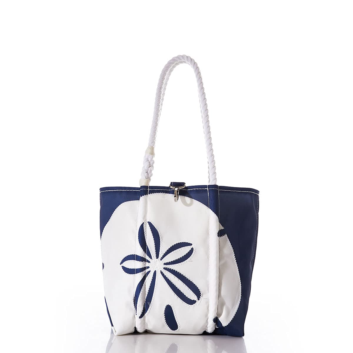 Sea Bags Recycled Sail Cloth White on Navy Sand Dollar Handbag Shoulder Bag, Small Tote Bag Rope Handles, Clasp Closure Rope Handles