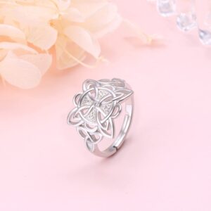 FLYOW 925 Sterling Silver Good Luck Irish Jewelry Celtic Quaternary Wiccan Witches Knot Ring for Women, Size 9