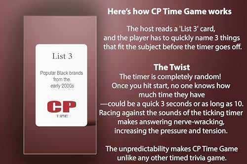 Cp Time Game: A Party Game for US - Card Game for The Culture. Beat The Unpredictable Timer!, Black Trivia Style Game, Multiple Categories: Pop Culture, Music, General Knowledge, & More!