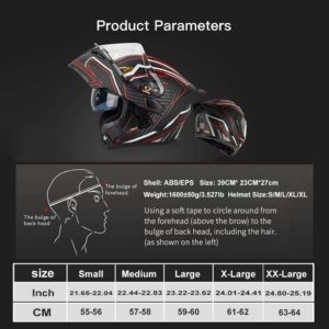 Motorcycle Bluetooth Full Face Helmet Flip up Modular Offroad Motorcycle Helmet DOT Approved Dual Anti-Fog Visors Dirt Bike ATV Helmet Built-in Mp3 Integrated for Adults Men Women -A-XX-Large