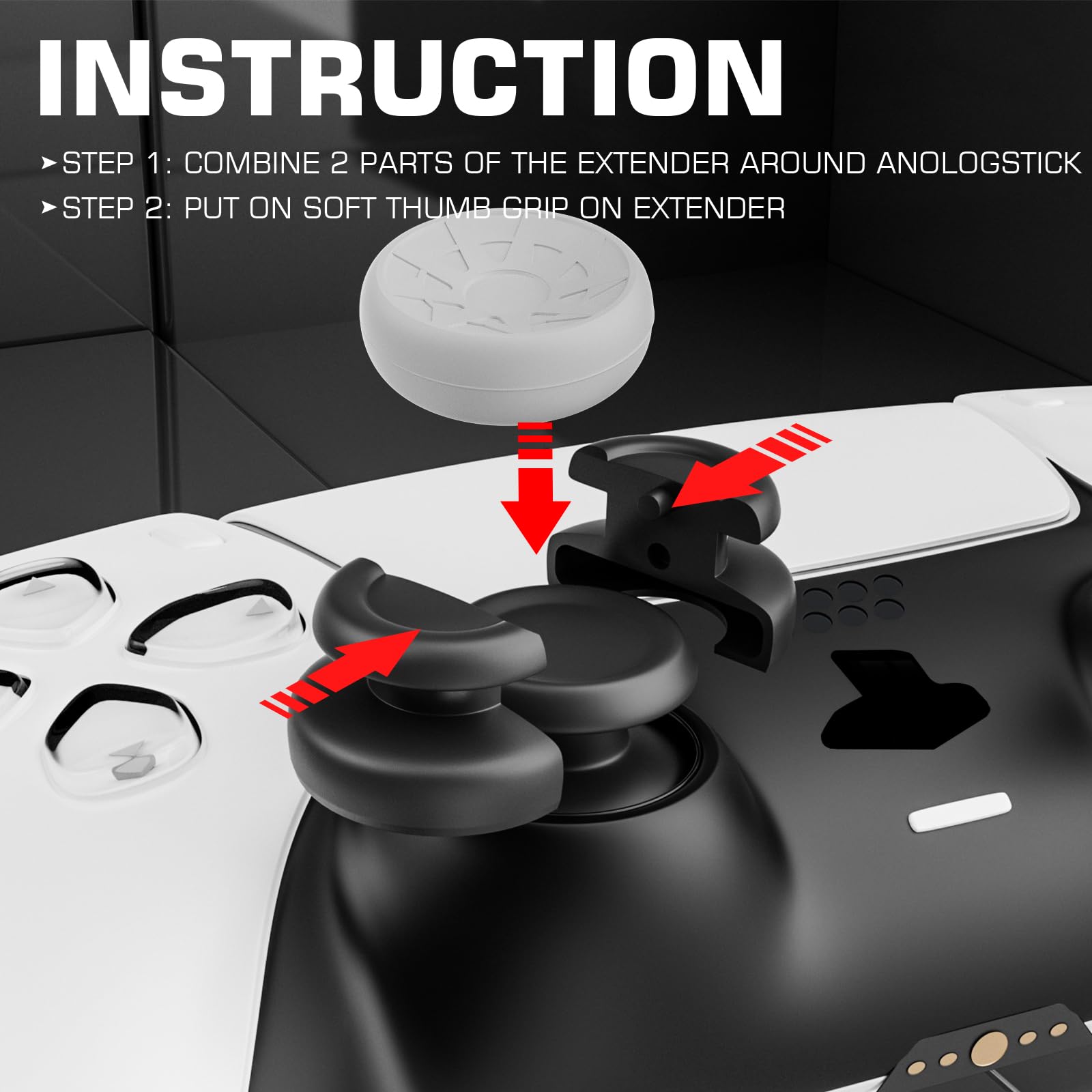 PlayRealm NO FALLING OFF Thumbstick Extender & Silicone Grip Cover 2 Sets for PS5 & PS4 Controller (Turbo White)