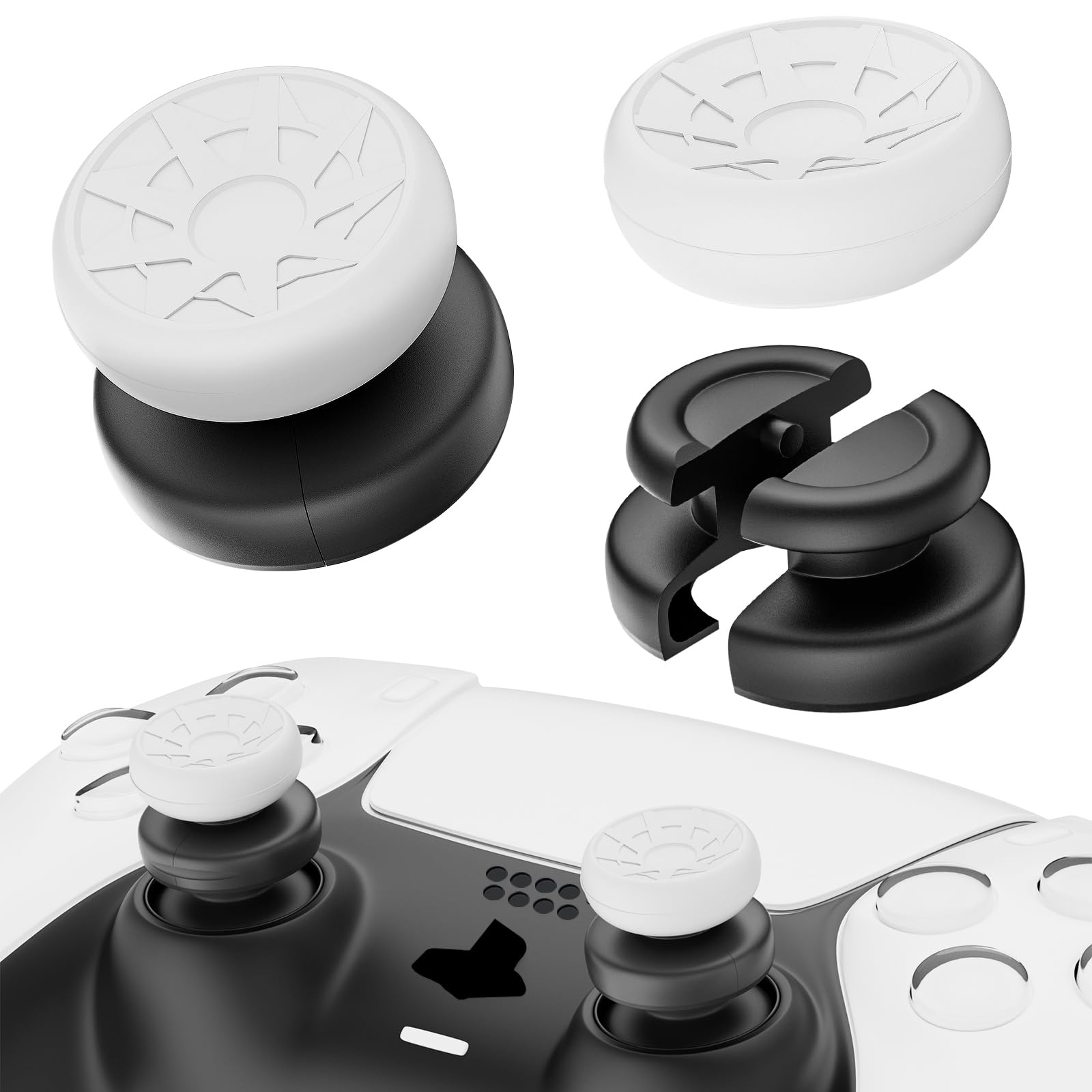 PlayRealm NO FALLING OFF Thumbstick Extender & Silicone Grip Cover 2 Sets for PS5 & PS4 Controller (Turbo White)