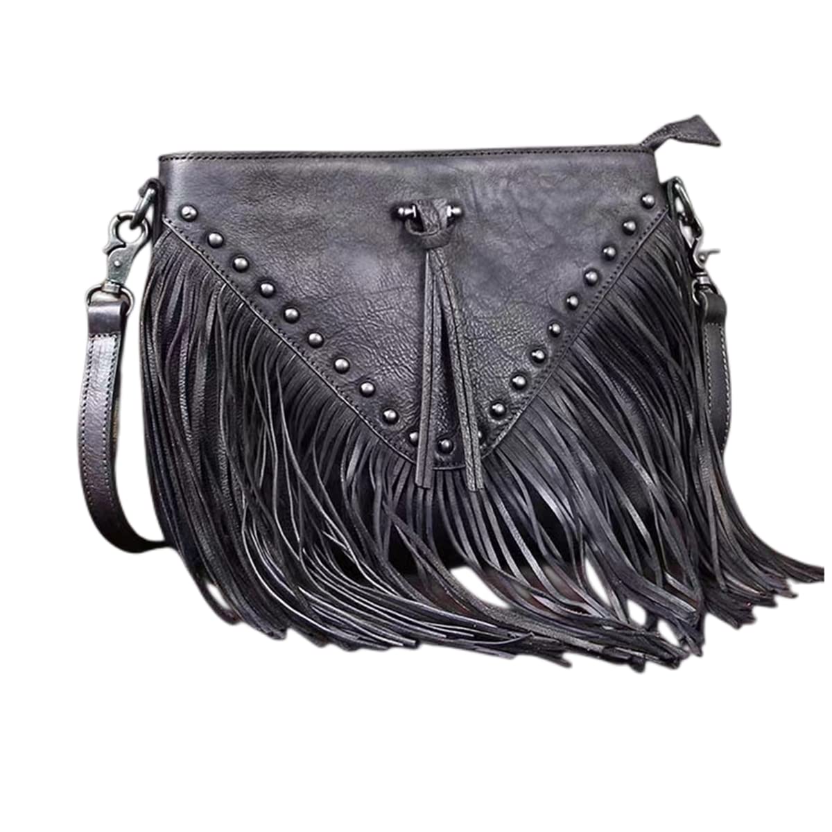 WIGUYUN Tassels Hippie Cross-body Purse Rivets Fringed Shoulder Handbag Casual Hobo Bags for Women,Black