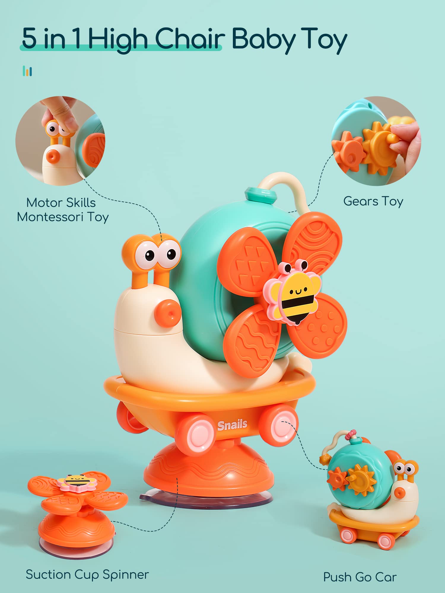 5-in-1 High Chair Toy with Suction Cups Spinner Montessori Toys for Toddler 1-3 Year Old-Fine Motor Infant Tray Sensory Travel Toys for Baby 6-12-18 Months Boy Girl Newborn Birthday Gift