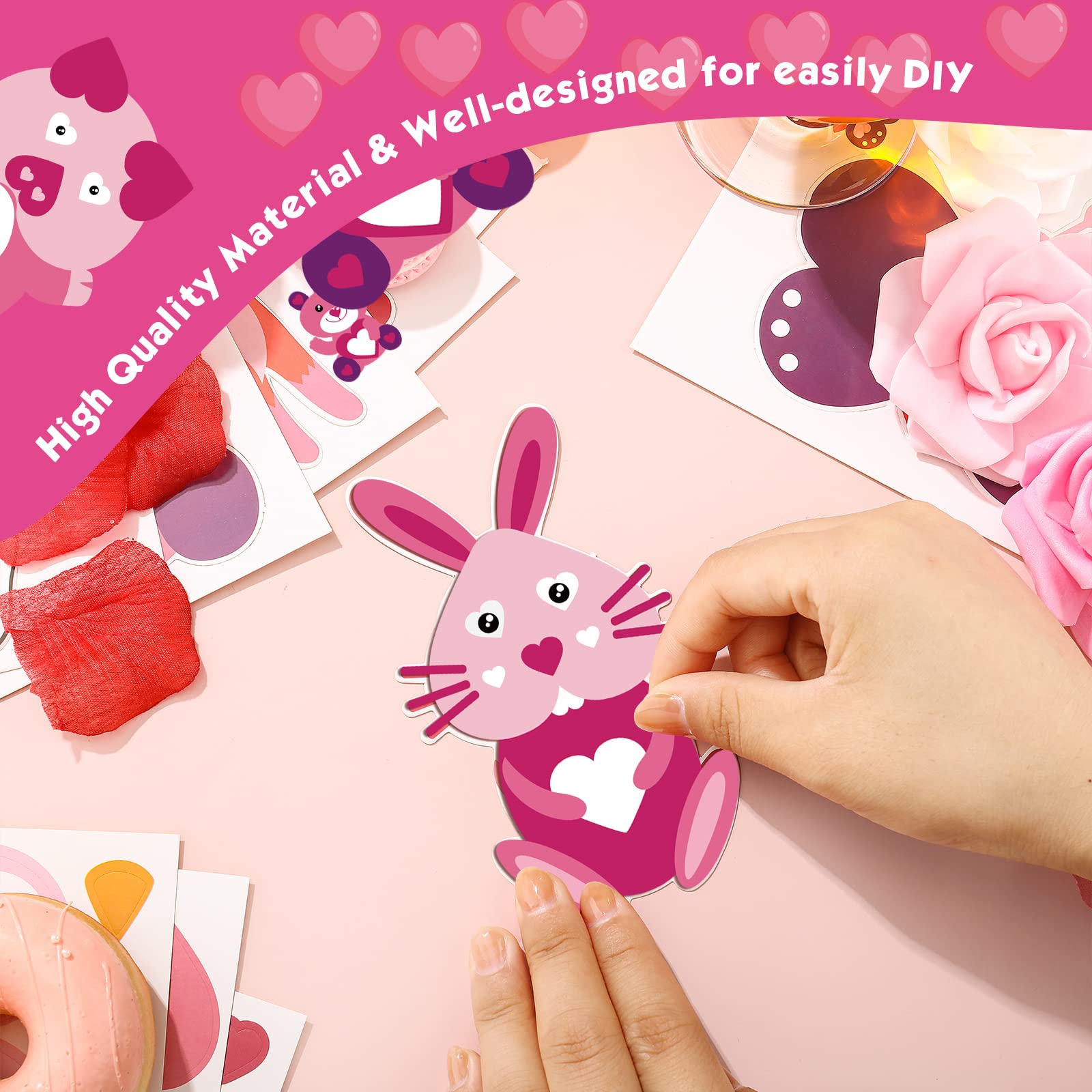 40 Pieces Valentine's Day Animal Crafts for Kids DIY Valentine's Day Craft for Kids Make Your Own Heart Bear Angel Unicorn Owl Lion Stickers Set for Valentine's Day Party Game Toys for Kids