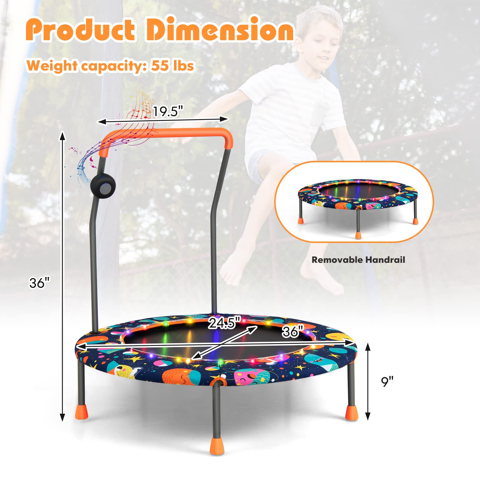 Goplus 36" Mini Trampoline for Kids, Toddler Trampoline with LED Lights, Bluetooth Speaker, Removable Handle, Safe Padded Cover, Indoor Outdoor Small Rebounder for Child Boys Girls (Navy, Space)