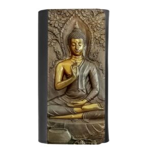 trofung (zen buddha-2 women's patterned leather buckle trifold wallet bag pouch holster with credit card holder insurance for smartphones