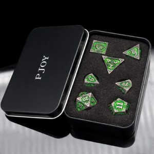 PJOY DND Dice Set Antique Iron Green Metal DND Polyhedral Dice with Dice Case D&D Dice for Dungeons and Dragons TTRPG Gifts