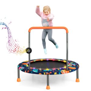 Goplus 36" Mini Trampoline for Kids, Toddler Trampoline with LED Lights, Bluetooth Speaker, Removable Handle, Safe Padded Cover, Indoor Outdoor Small Rebounder for Child Boys Girls (Navy, Space)