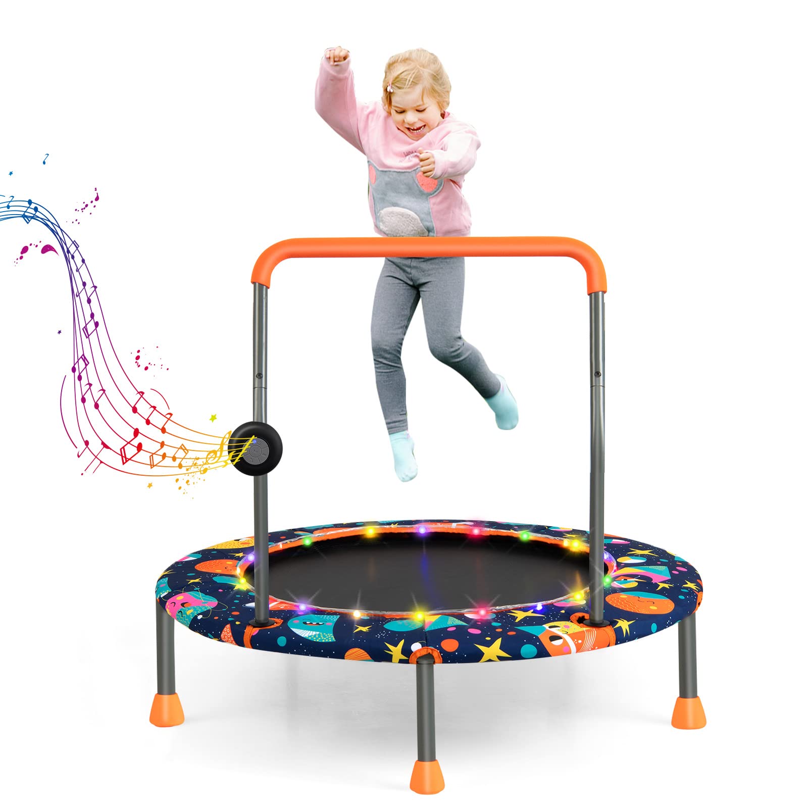 Goplus 36" Mini Trampoline for Kids, Toddler Trampoline with LED Lights, Bluetooth Speaker, Removable Handle, Safe Padded Cover, Indoor Outdoor Small Rebounder for Child Boys Girls (Navy, Space)