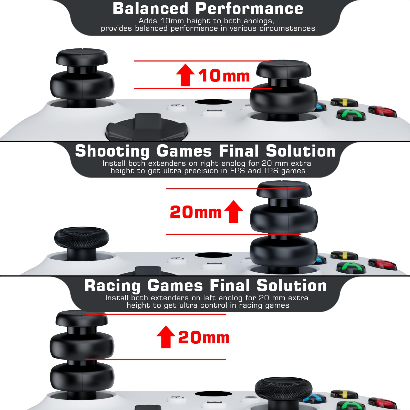 PlayRealm NO FALLING OFF Thumbstick Extender & Silicone Grip Cover 2 Sets for Xbox Series X/S & Xbox One S/X Controller(Turbo Red)