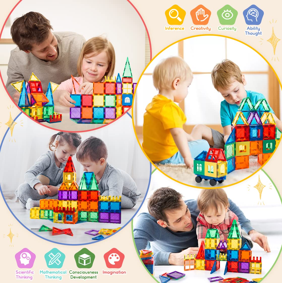 MagHub 100PCS Magnetic Tiles Clear 3D Magnets for Kids with Car, Colorful Magnetic Blocks Set Construction Educational Magnet Toys for Boys and Girls