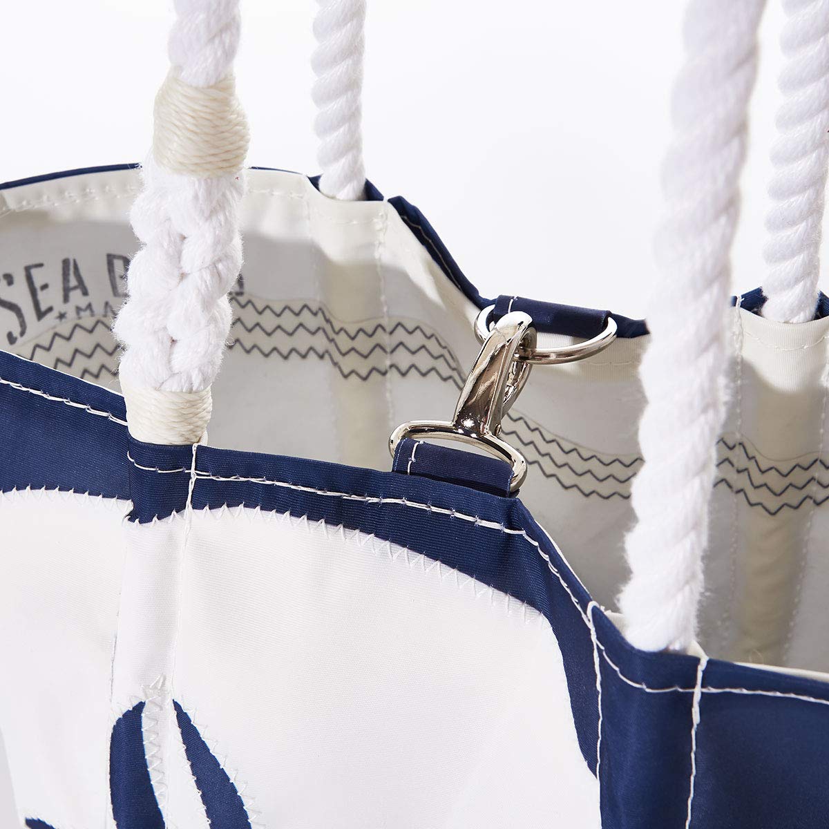 Sea Bags Recycled Sail Cloth White on Navy Sand Dollar Handbag Shoulder Bag, Small Tote Bag Rope Handles, Clasp Closure Rope Handles