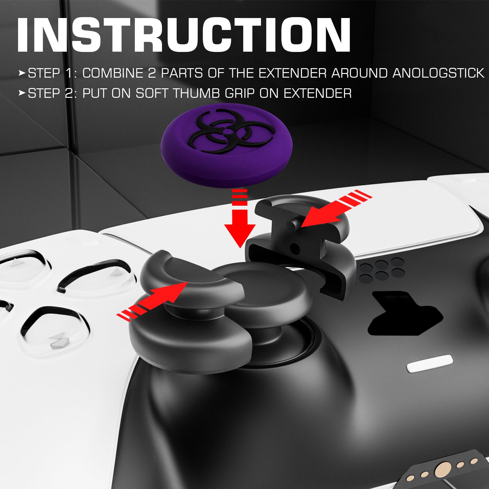 PlayRealm NO Falling Off Thumbstick Extender & Silicone Grip Cover 2 Sets for PS5 & PS4 Controller (BH Purple)