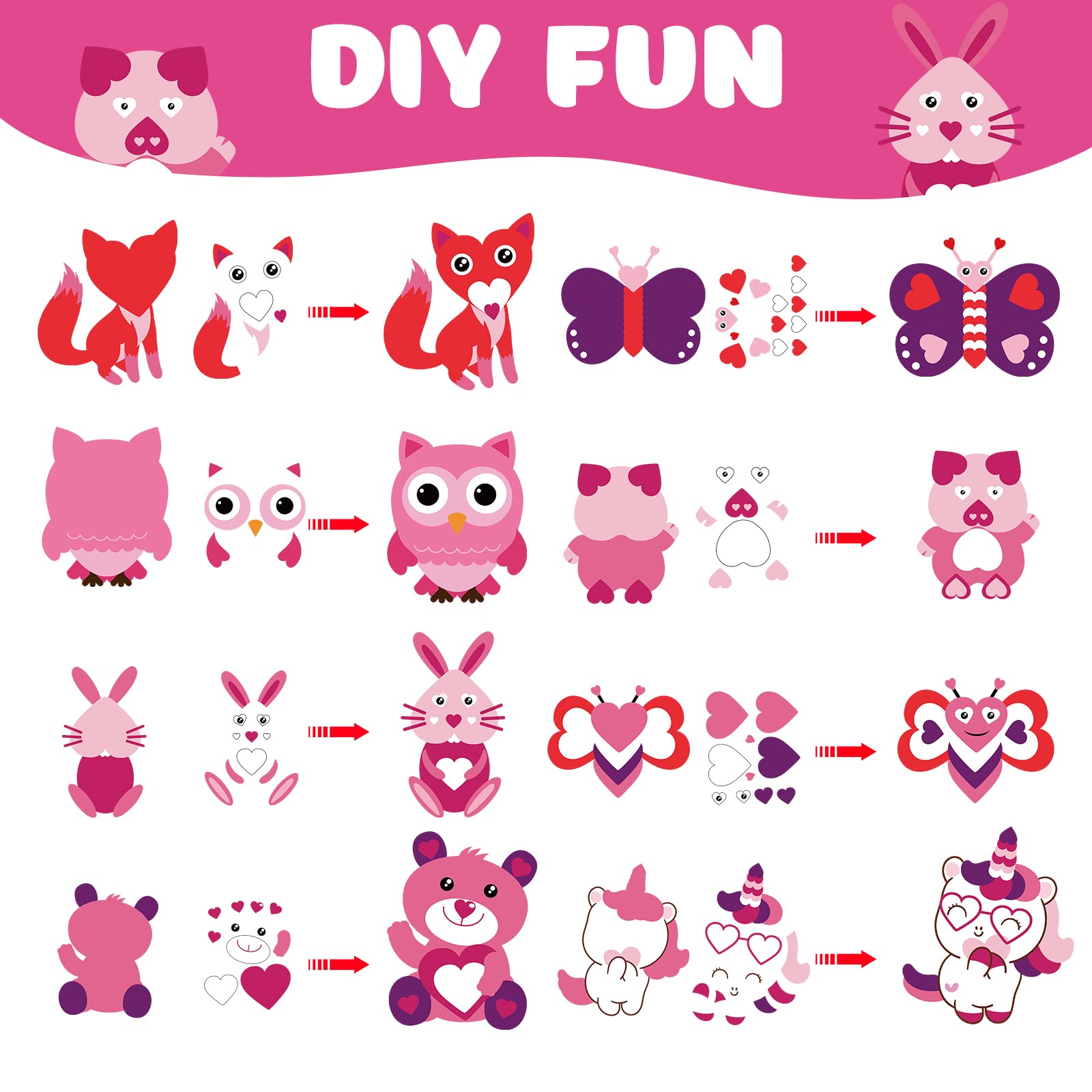 40 Pieces Valentine's Day Animal Crafts for Kids DIY Valentine's Day Craft for Kids Make Your Own Heart Bear Angel Unicorn Owl Lion Stickers Set for Valentine's Day Party Game Toys for Kids