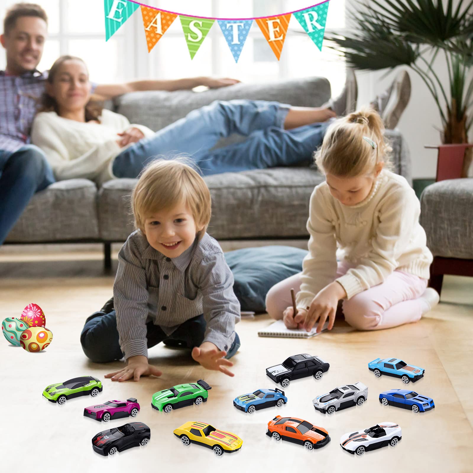 Saparlo 24 PCS Toy Cars for Boys Toddler, Mini Alloy Vehicle Car Toys Set with Gift Cards, Easter Eggs Filler, Party Favor for Kids Age 3+, Birthday Gift Classroom Prize for Children