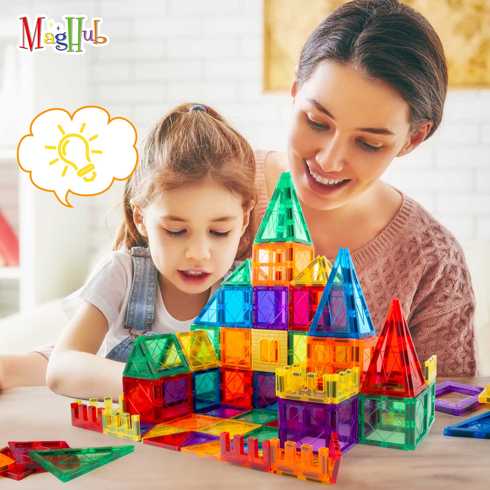 MagHub 100PCS Magnetic Tiles Clear 3D Magnets for Kids with Car, Colorful Magnetic Blocks Set Construction Educational Magnet Toys for Boys and Girls