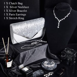 Henoyso 5 Pcs Purse Rhinestone Jewelry Set Rhinestone Clutch Purse Bride Prom Jewelry Necklace Earrings Bracelets for Women(Silver)