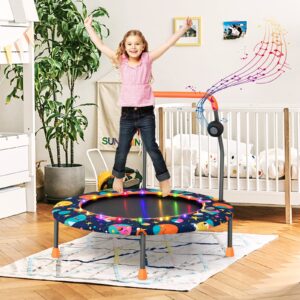 Goplus 36" Mini Trampoline for Kids, Toddler Trampoline with LED Lights, Bluetooth Speaker, Removable Handle, Safe Padded Cover, Indoor Outdoor Small Rebounder for Child Boys Girls (Navy, Space)