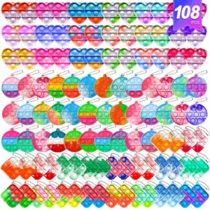 108 PCS Mini Pop Keychain Fidget Toys,3 Shape Pop Fidget Toys Its Party Favors Kids Toys Fidgets Packs Sensory Toys Stress Toys Party Gift,Push Mini Pop Keychain Bulk