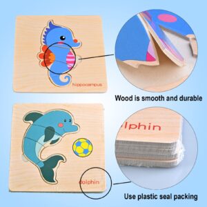 Faburo 8pcs Wooden Puzzles for Toddlers 1-3, Toddler Puzzles Ages 2-4, Montessori Toys for 1-3+ Years Girl Boy, Sea Animal Puzzle for Kids, Jigsaw Puzzles Educational Toys Preschool Puzzles for 1-3