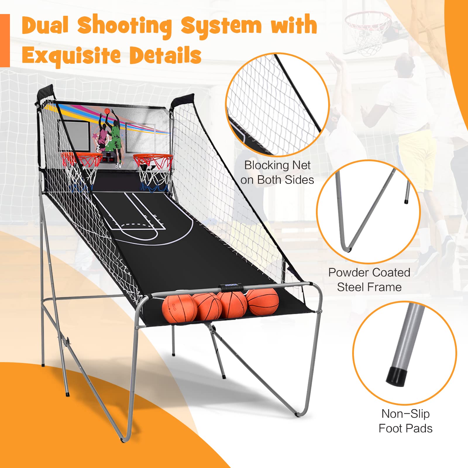 Goplus Foldable Dual Shot Basketball Arcade Game, Basketball Hoop Game w/Electronic Scoring, 8 Game Modes, 4 Balls, Indoor Outdoor Electronic Basketball Game Machine for Kids Adults (Black)