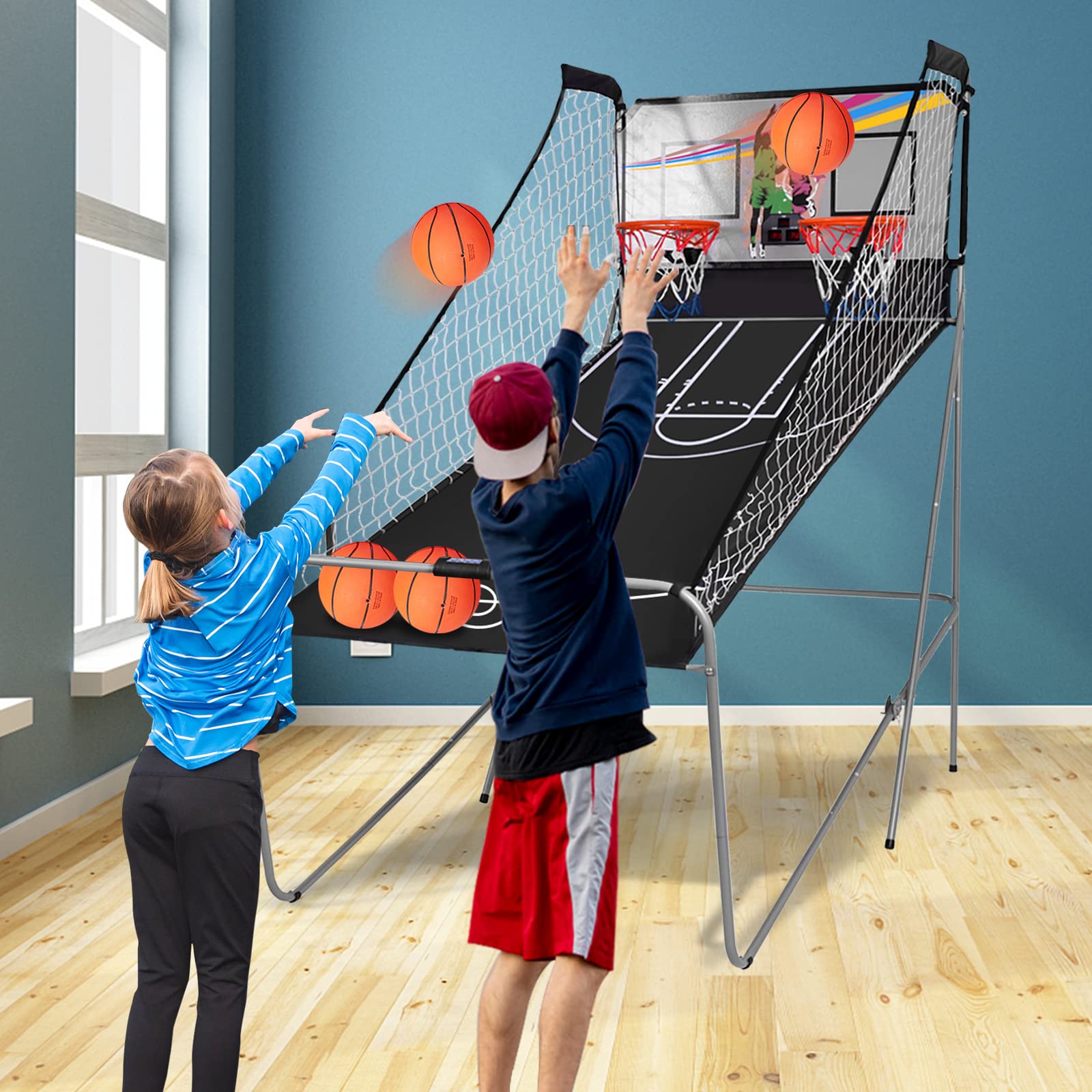 Goplus Foldable Dual Shot Basketball Arcade Game, Basketball Hoop Game w/Electronic Scoring, 8 Game Modes, 4 Balls, Indoor Outdoor Electronic Basketball Game Machine for Kids Adults (Black)